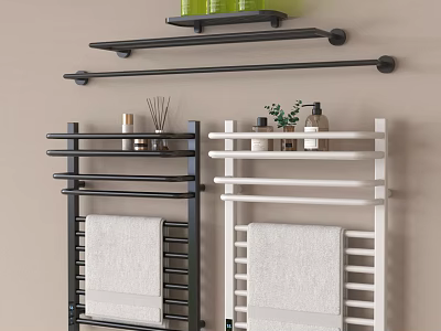 Stylish Bathroom Accessories Black And White Towel Racks With Storage Shelves And Toiletries 3d model