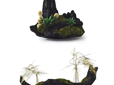 Natural Style Decorative Ornament Set with Black Stone Base Green Moss and Plants 3d model