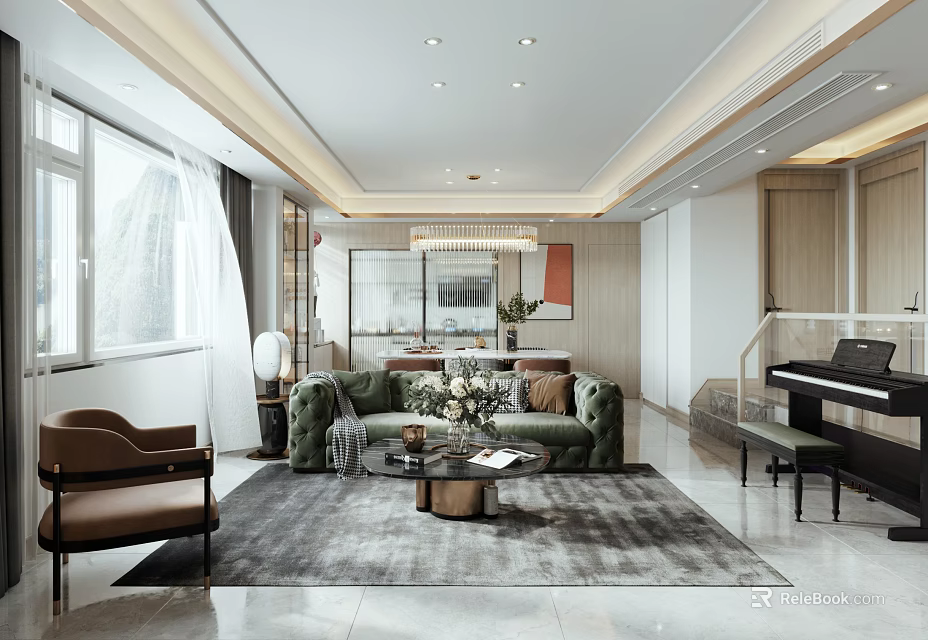 Modern Living Dining Room with Open Kitchen Green Sofa Brown Armchair Grey Rug Piano 3d model 