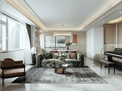 Modern Living Dining Room with Open Kitchen Green Sofa Brown Armchair Grey Rug Piano 3d model
