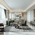 Modern Living Dining Room with Open Kitchen Green Sofa Brown Armchair Grey Rug Piano