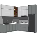 Modern Kitchen With White And Gray Cabinets Upper Lower Storage And Black Refrigerator 3d model