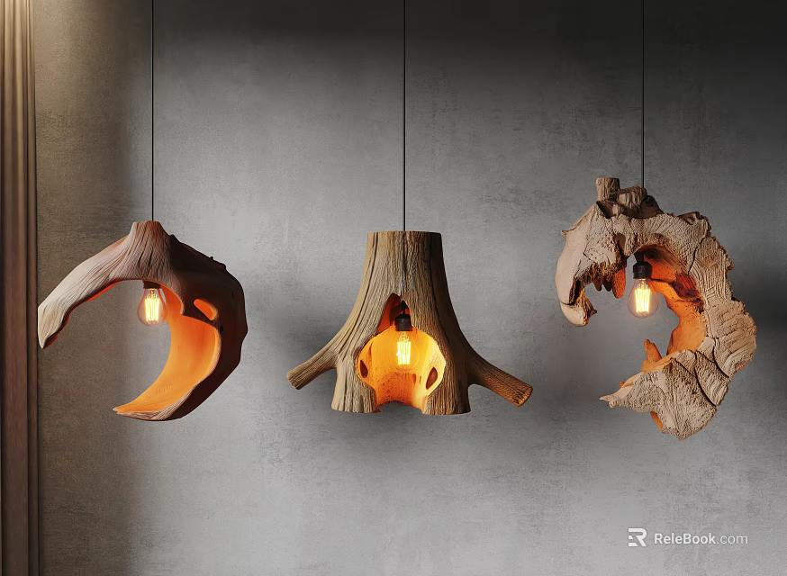 Irregular Wooden Chandeliers With Natural Tree Stump Design And Warm Illuminated Interior 3d model 