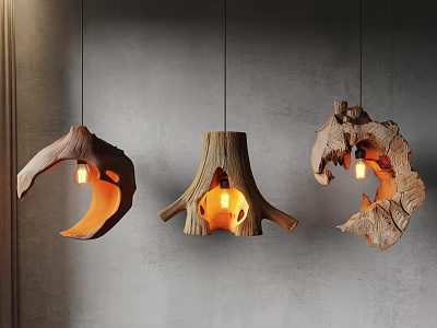Irregular Wooden Chandeliers With Natural Tree Stump Design And Warm Illuminated Interior 3d model