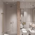 Double White Washbasins In Modern Bathroom Interior With Pink Speckled Countertop And Mirror Design