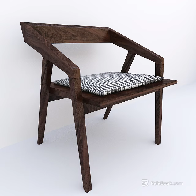 Modern Wooden Leisure Chair With Geometric Armrests Sleek Lines And Checkered Cushion 3d model 
