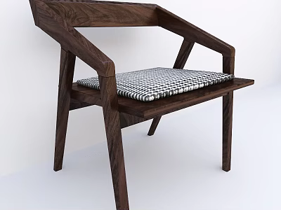 Modern Wooden Leisure Chair With Geometric Armrests Sleek Lines And Checkered Cushion 3d model