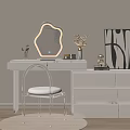 Modern White Dressing Table With Unique Mirror Decorative Vase Dried Flowers And Drawers