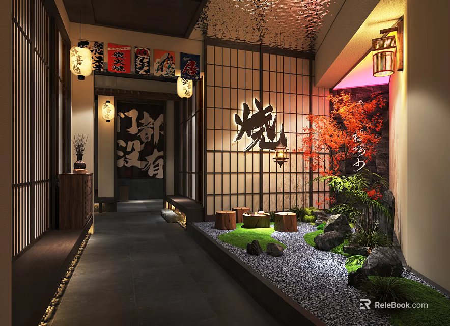 Japanese Traditional Entrance With Wooden Screens Stone Lanterns And Red Maple Garden 3d model 