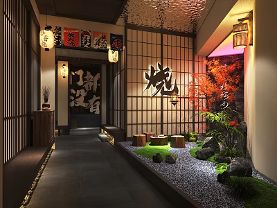Japanese Traditional Entrance With Wooden Screens Stone Lanterns And Red Maple Garden 3d model