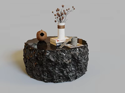 Black Round Coffee Table With Textured Surface And Vase Dried Flowers Books Small Pottery Jar 3d model