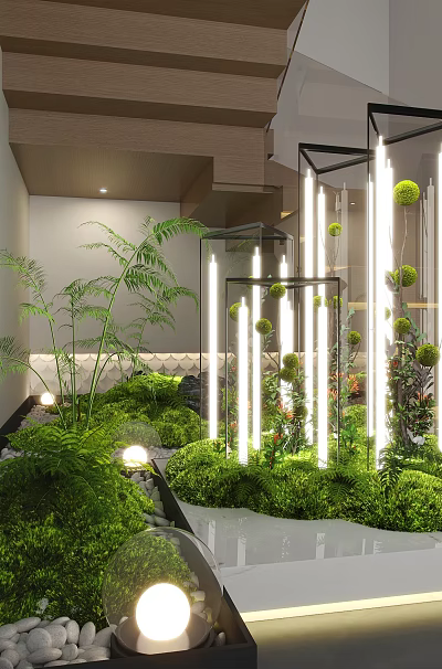 Garden Decor By Staircase With Green Plants Illuminated Lights And Pebbles 3d model