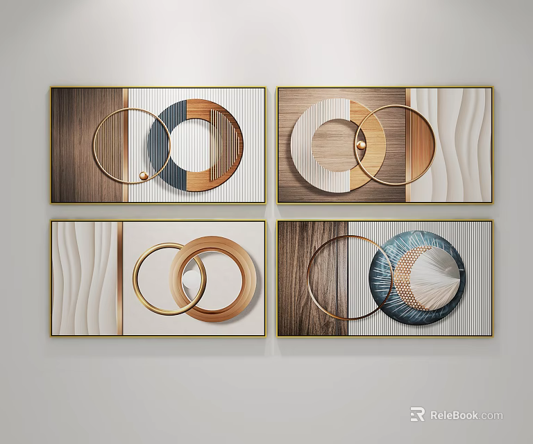Modern Decorative Paintings With Geometric Circles Wood Grain And Golden Frames 3d model 