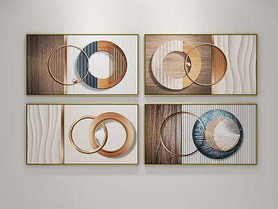 Modern Decorative Paintings With Geometric Circles Wood Grain And Golden Frames 3d model