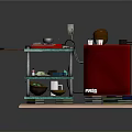 Home Kitchen Furniture Setup Including Red Cabinet Multi Layer Shelf Chair And Dishes