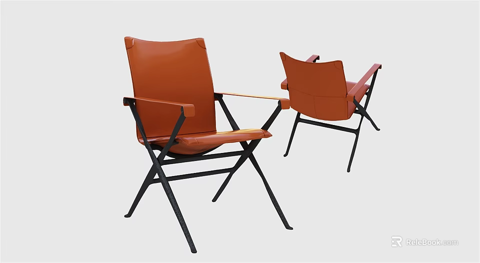 Modern Orange Leather Leisure Chairs With Black Metal Frame And Armrests Design 3d model 
