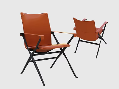 Modern Orange Leather Leisure Chairs With Black Metal Frame And Armrests Design 3d model