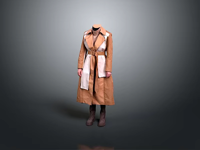 Brown Long Trench Coat With White Patchwork On Mannequin Paired Brown Boots Gray Gradient Background 3d model