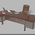 Modern Wooden Office Desk With White Monitor Computer Mouse Tablet Brown Chair And Flower Vase