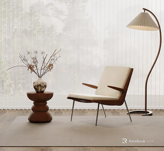 Modern Living Room With Armchair Floor Lamp Wooden Side Table And Dried Branch Vase 3d model 