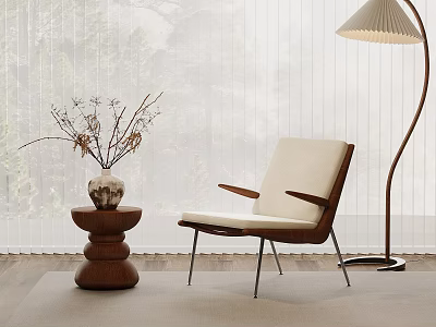 Modern Living Room With Armchair Floor Lamp Wooden Side Table And Dried Branch Vase 3d model