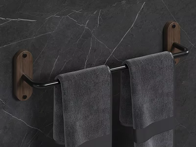 Bathroom Towel Rack With Wooden Base Black Metal Rods Hanging Gray Towels On Marble Wall 3d model