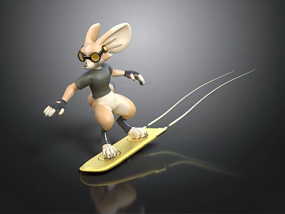3D Rabbit Character With Large Ears Goggles On Yellow Surfboard Holding Ropes 3d model