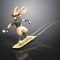 3D Rabbit Character With Large Ears Goggles On Yellow Surfboard Holding Ropes