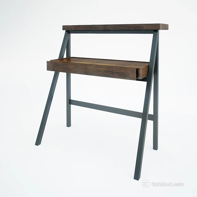 Sturdy Wooden Desk With Metal Frame And Drawer For Home Office 3d model 