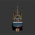 Fishing Boat With Blue And Red Hull Featuring Fishing Cranes And Equipment
