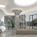 Modern Public Lobby Interior With Green Beige Walls Glass Partitions Sofa Seats And Reception Desk