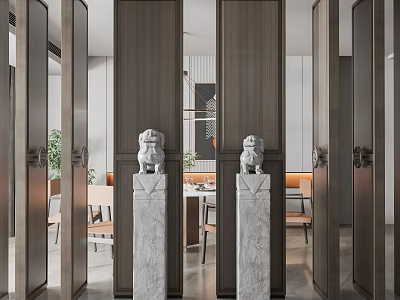 Wooden Room Partitions with Marble Pedestals and Lion Statues in Modern Interior 3d model