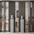Wooden Room Partitions with Marble Pedestals and Lion Statues in Modern Interior