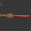 Serrated Orange Blade Knife With Metal Green Decorated Handle And Reflective Surface