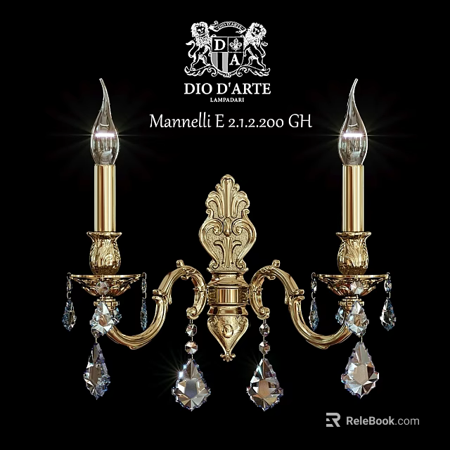 Ornate Dual Arm Brass Wall Lamp With Crystal Pendants Classical Design 3d model 