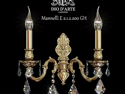 Ornate Dual Arm Brass Wall Lamp With Crystal Pendants Classical Design 3d model