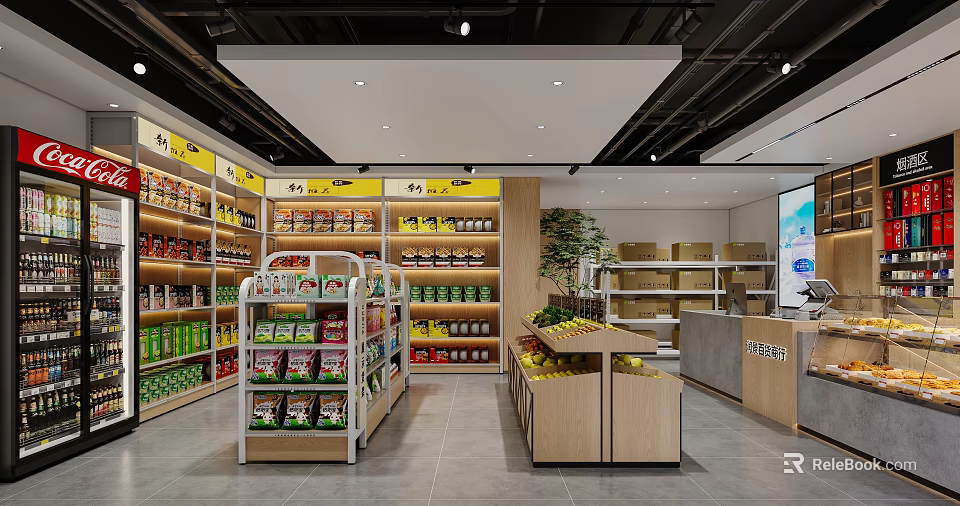 Bright Modern Supermarket Interior With Neat Goods Shelves Fresh Fruit Zone And Functional Checkout Counter 3d model 