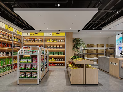 Bright Modern Supermarket Interior With Neat Goods Shelves Fresh Fruit Zone And Functional Checkout Counter 3d model