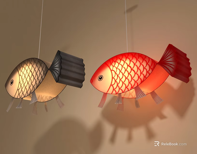 Red And Gold Fish Shaped Pendant Lights Hanging In Home Interior 3d model