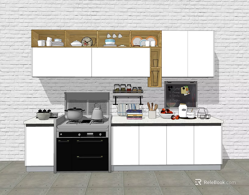 Modern White Kitchen Cabinets With Upper Storage Black Oven And Countertop 3d model