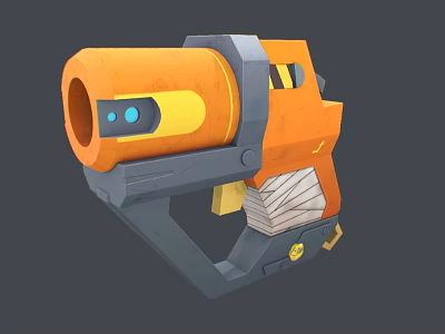 Orange And Gray Toy Weapon With Large Barrel Yellow Details And White Striped Grip Design 3d model