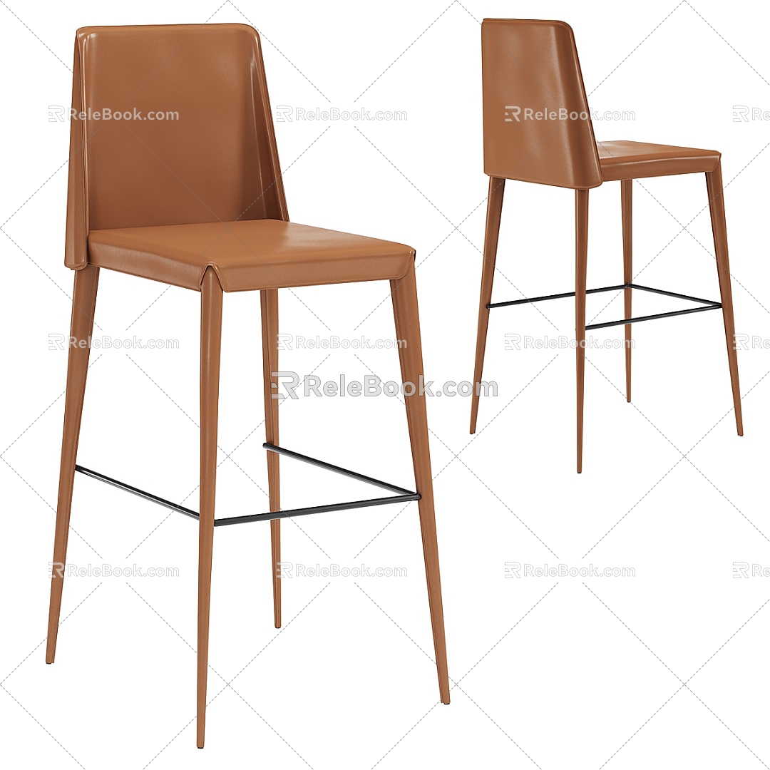 Nordic Simple Brown Leather Bar Stool 3d model