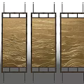 Chinese Style Three Panel Screen With Golden Wave Patterns And Wooden Frame 3d model