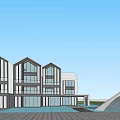 Modern White Sales Office Building With Large Windows Curved Front Structure And Water Feature