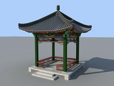 Traditional Chinese Pavilion Featuring Black Tiled Roof Green Pillars Red Railings And Stone Base Steps 3d model