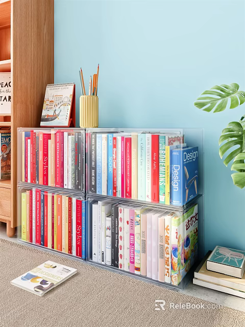 Colorful Books and Magazines in Transparent Storage Boxes With Pencil Holder Calendar and Green Plant 3d model 