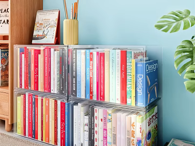 Colorful Books and Magazines in Transparent Storage Boxes With Pencil Holder Calendar and Green Plant 3d model