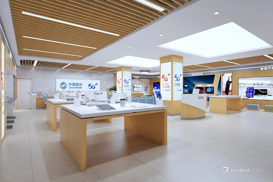 China Telecom Digital Store Modern Interior With Wooden Display Counters And Electronic Devices 3d model