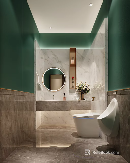 Modern Bathroom With Green Walls Marble Countertop Round Mirror And Flower In Vase 3d model 
