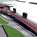 Colorful Curved Scenic Bridge With Red Path And People Walking In Urban Area